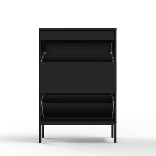 Shoe Cabinet, Shoe Storage Organizer Cabinet with 2 Flip Wavy Line Drawers, Freestanding Shoe Rack with Adjustable Shelf for Entryway(Black) - color: Wavy Line-black