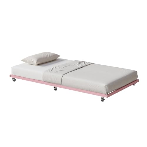 IDEALHOUSE Twin Size Metal Roll Out Trundle Bed Frame with Wheels and Slats Support, Pink | Pull-Out Trundle, Space-Saving, Metal Frame, Living Room, Bedroom, Apartment - color: Modern Pink, size: Twin Roll-Out Trundle
