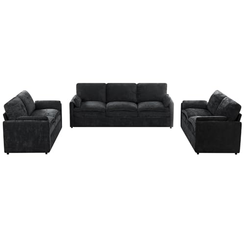 3 Pieces Chenille Sofa Set w/Two Arm Pillows, Black | Upholstered 2 Pieces Loveseat & 3-Seater Sofa w/Soft Cushions, Modern 2-Seat & 3-Seat w/High-Density Foam for Living Room - color: Black, size: 69" & 69" & 89" Sofa Set