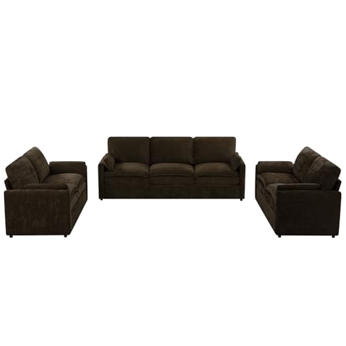 3 Pieces Chenille Sofa Set w/Two Arm Pillows, Brown | Upholstered 2 Pieces Loveseat & 3-Seater Sofa w/Soft Cushions, Modern 2-Seat & 3-Seat w/High-Density Foam for Living Room - color: Brown, size: 69" & 69" & 89" Sofa Set