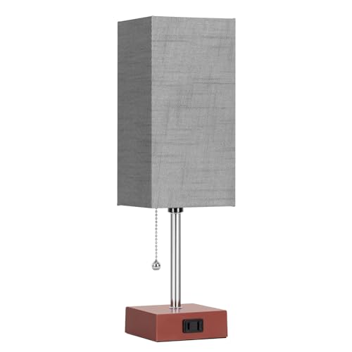 PLMMY Bedside Table Lamp for Bedroom Nightstand, 3 Color Pull Chain Nightstand Lamps Set of 2 with AC Outlets, Square Gray Lampshade Bedside Lamp for Living Room, Office Desk, LED Bulb Included - color: Gray Shade-Brown Base