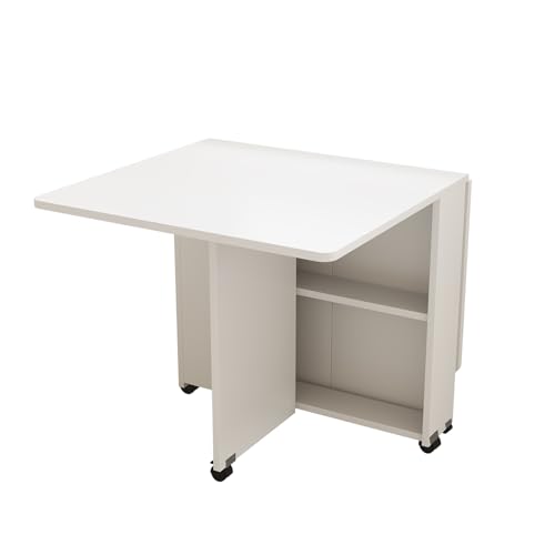 Folding Drop Leaf Dining Table with 6 Wheels & 2-Tier Storage Shelf, Space Saving Convertible Table for 2-6 People, Portable Kitchen Table or Desk for Small Apartments, White