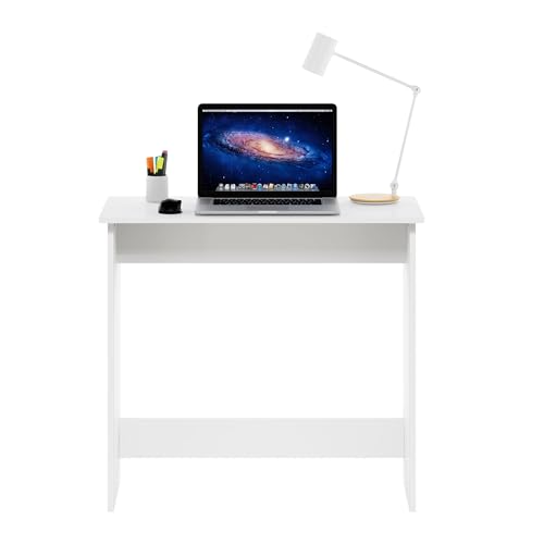 White Minimalist Study Desk Compact Writing Table Small Space Computer Desk Modern Simple Workstation for Bedroom Dorm Home Office Easy Assembly Space Saving Design