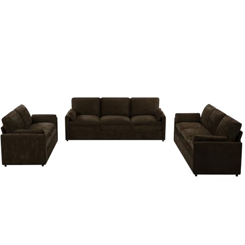 3 Pieces Chenille Sofa Set w/Two Arm Pillows, Brown | Upholstered Loveseat & 2 Pieces 3-Seater Sofa w/Soft Cushions, Modern 2-Seat & 3-Seat w/High-Density Foam for Living Room - color: Brown, size: 69" & 89" & 89" Sofa Set