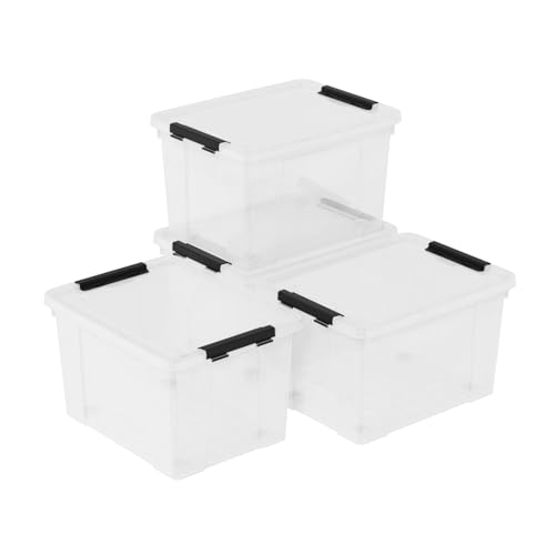 Set of 4 Storage Bins with Wheels, 23 L Clear Latch Boxes with Lids | Clear thick plastic, black side latch lid, built-in bottom rolling wheels, fit closet, bedroom and garage organization - size: 23 L