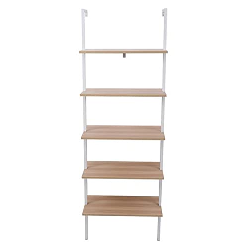 Industrial Bookcase Ladder Shelf, 5-Tier Wall Mounted Bookshelf Open Display Rack, Wood Storage Shelves for Bedroom, Home Office, Collection, Entryway and Hallway, Walnut