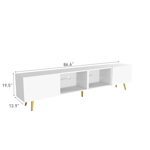 Bonzy Home 86" LED TV Stand, Modern Entertainment Center for 75" TV, White | Long Television Table for TV up to 75" 80" 85", Media Console with Storage Cabinets for Living Room - color: White