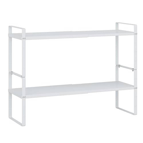 Expandable Cabinet Shelf Organizer Rack, Stackable Kitchen Counter Storage Shelves Stand, Adjustable Height Pantry Shelf Spice Rack (White-2 Pack, 8.7" D x 15.4-26.8" W x 9.8" H) - color: White-2 Pack