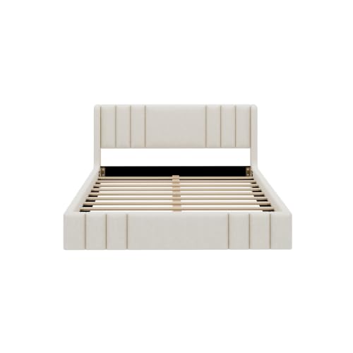 VilroCaz Queen Size Linen Upholstered Platform Bed Frame with Thick Fabric Headboard, No Box Spring Needed (Beige-6.17, Queen) - color: Beige-6.17, size: Queen