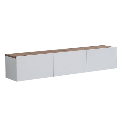 Floating TV Stand Glossy White for 65-80 Inch TV, 63" Wall Mounted TV Stand with Storage, White and Wood Floating Entertainment Center with Cable Management, Floating Media Console for Living Room - color: Wood Like