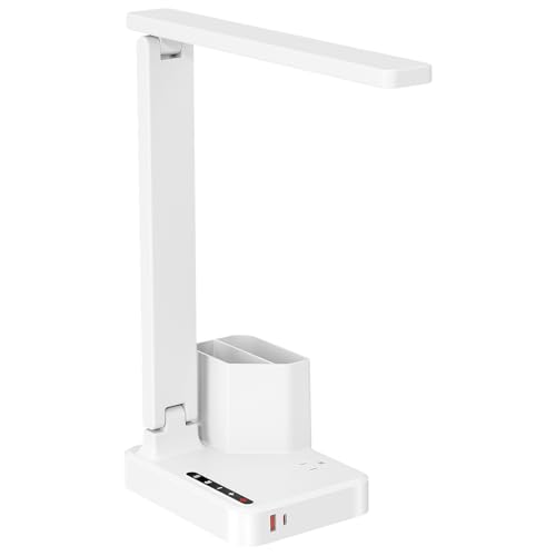 LED Desk Lamp USB A/C AC Pen Holder Dorm Home Office Desk Light White | Adjustable LED Desk Light with USB A/C, AC Outlet, Pen Holder; Small Desk Lamp for Dorm, Study, Craft & Home Office - color: White