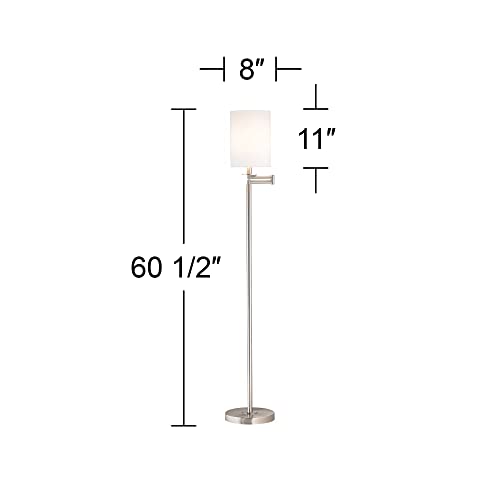 360 Lighting 60 1/2" Tall Drum Shade Brushed Nickel Swing Arm Floor Lamp | Modern Adjustable Standing Base 5 Silver White Cotton Fabric Cylinder for Living Room Reading House Bedroom - color: MM White Shade