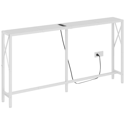 Gewudraw Narrow Console Table with Socket, Sofa Table Behind Couch, White | 55.1" Couch Table, Industrial Style, Long Skinny Design,For Hallway,Living Room,Bedroom, Built-In Outlets & USB,140cm Length - color: White, size: 55.1 in