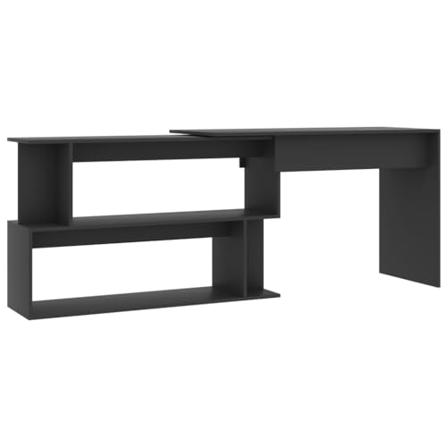 Rotatable Corner Desk, Grey Engineered Wood L-Shaped Writing Desk with Shelves, Adjustable Computer Workstation for Home Office, Space-Saving Rectangular Design
