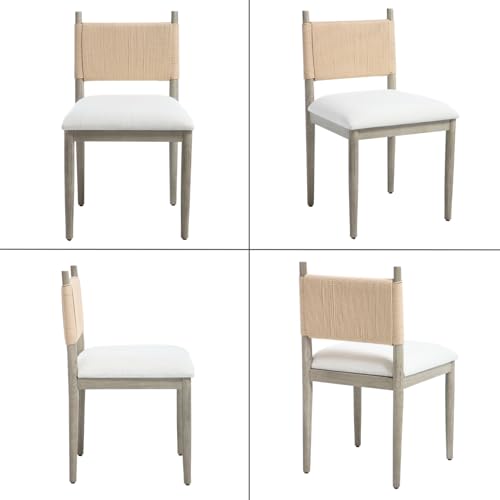 chairus Boho Coastal Woven Dining Chairs Set of 2, Weathered Gray Wood | Woven Rope Back Dining Room Chairs, Linen Upholstered Fabric, Modern Farmhouse Wooden Side Kitchen Chairs - color: Weathered Gray