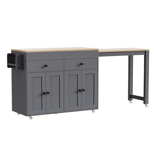 Kitchen Island, Extendable Dining Table with Storage | Extendable dining table, expands from prep station to dining table, seats up to 2 extra guests, saves space when closed - color: Grey