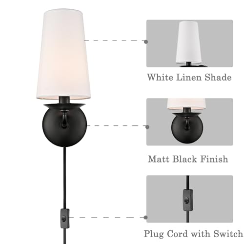 Moose Modern Black Wall Sconces Plug-in Set of Two with Fabric Shade | Industrial Black Linen with On/Off Switch Wall Lamp for Bedside, Living Room, Hallway, House Reading - color: Black, size: 2-Pack | 1-Light
