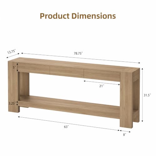 78.75" Extra Long Console Table with 3 Drawers, Farmhouse Entryway Table with Storage Shelf, Wood Accent Sofa Table for Living Room Hallway Entryway, Rustic Brown