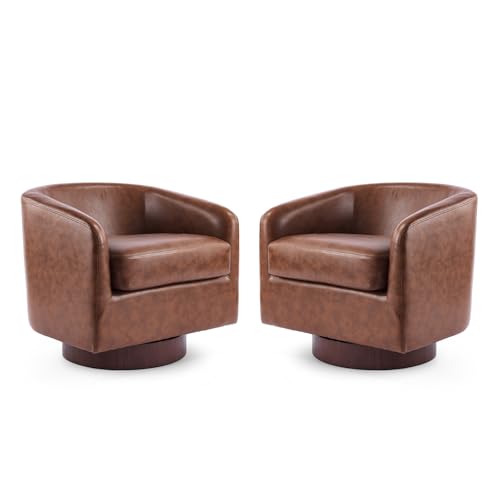 VINGLI 360°Swivel Accent Chairs Set of 2 with Engineered Wood Base and Removable Cushion for Living Room, Bedroom, Curved Back Barrel Chairs for Small Space, Upholstered Bucket Armchairs, Pu-Brown - color: Pu-brown