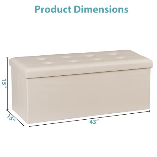 Nouva 43 Inches Ottoman Storage Bench, Folding Design Chest Faux Leather Ottomans Footrest for Bedroom Living Room Office,Entryway, Beige - color: Beige, size: 15"D x 43"W x 15"H