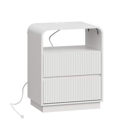 White Nightstand with Charging Station, Mid Century Modern Bedside Table & End Table, Fluted Wood Small Night Stand with 2 Hidden Drawers and Storage Shelf for Bedroom - color: White, style: 2 Drawers
