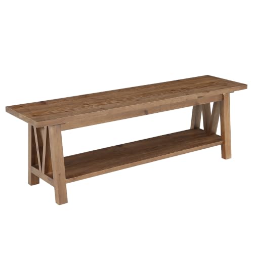 LITTLE TREE 55" Solid Wood Entryway Bench with Storage Shelf | Farmhouse Rustic Shoe Storage Bench Seat for Hallway, Living Room, Bedroom & Mudroom