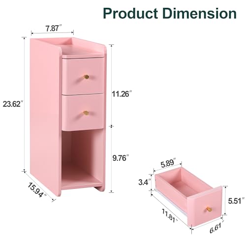 Narrow Nightstand Set of 2, Wooden Small 2 Drawer Nightstand, Slim Side End Table, Skinny Bedside Table, Mid Century Modern Night Stand with Drawers for Bedroom (Pink-1 pc) - color: Pink-1 Pc