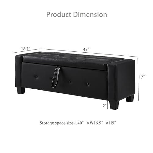 Storage Bench, 48‘’ Upholstered PU Leather Ottoman Bench with Button-Tufted, Folding Bedroom Bench with Wood Legs, Entryway Bench for Bedroom, Black - color: Black
