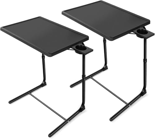HUANUO TV Trays Set of 2, TV Tray with 6 Height & 3 Tilt Adjustments, Black | 21.53" - 28.74" Height Range, Foldable, Cup Holder, Crossbar for Stability, for Eating, Working, Drawing on Sofa, Bed