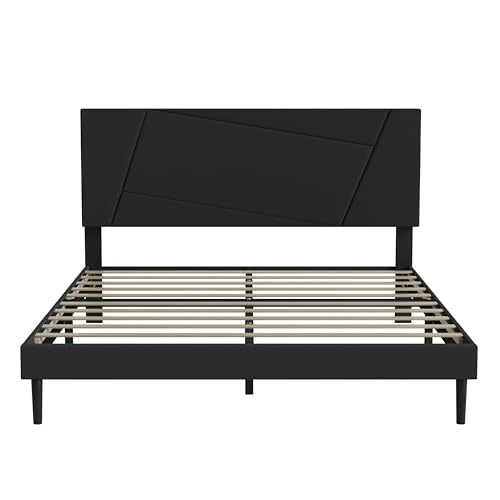 Queen Size Upholstered Bed Frame Frame with Headboard,Velvet Black | Geometric Head Board Platform Bed, Sturdy Wooden Slats, Noiseless No Box Spring Required, Easy to Assemble - color: Black, size: Queen