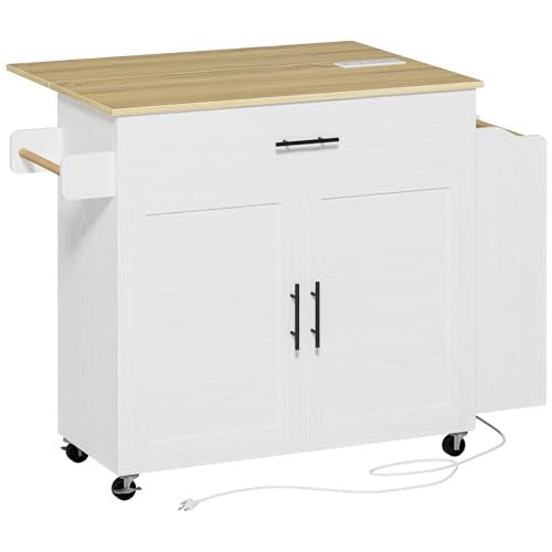 IRONCK Kitchen Island with Storage, Charging Station and Drop Leaf, White | Wheels, Drawers, Open Shelves, Drawer Storage, Everyday Home Use - color: White