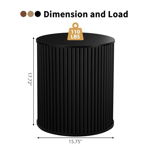 Round Fluted Side Table Set of 2, 15.7" Mid-Century Modern End Table with Storage, Wooden Bedside Table Round Nightstand Small Circle Sofa Accent Table for Living Room, Bedroom (Black) - color: Black, size: 15.7"D x 15.7"W x 17.7"H