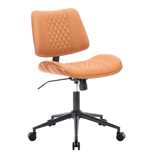 Home Office Chair No Arms with Wheels, Mid Back Walnut Style, Brown | Adjustable Height PU Leather Mid Back Support, 360 Swivel Computer Small Desk Seat, Armless Walnut Office Chair, 300LBS Cap - color: Brown, size: MCM Style