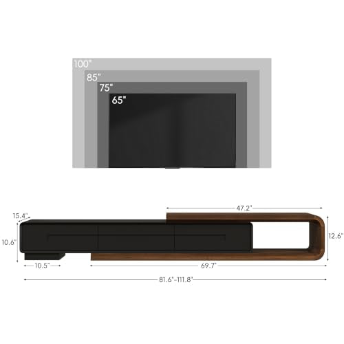 Squireewo 81"-111" Extendable TV Stand for 75 80 85 100 Inch TV, Modern Entertainment Center with 3 Large Storage Drawers & Open Shelves, Low Profile TV Stand with Rounded Corners, Black & Walnut - color: Black & Walnut