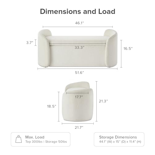 mopio Sophie 51" Ottoman Storage Bench, Entryway and Window Seating, End of Bed Curved Stool for King & Queen Bed, Storage Chest for Bedroom (Pearl White Boucle) - color: White Boucle, Curved