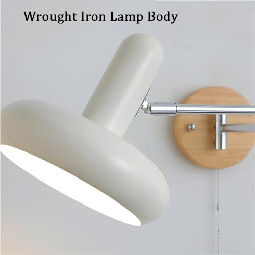 Modern Industrial Adjustable Swing Arm Wall Lamp Pull Chain Switch Wall Sconce Iron Wood Wall Light Fixture for Bedroom Bedside Study Reading Living Room Decorative Lighting