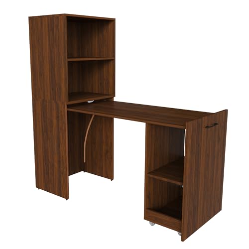 Foldable Office Desk, Fold Out Convertible Hidden Murphy Computer Desk with Storage Shelves, Multi-Function Folding Writing Table for for Small Spaces, Home Office (Walnut) - color: Walnut-a