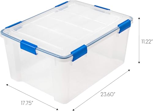 IRIS USA 3-Pack 60 Qt Storage Bins with Gasket Lids, Clear/Blue | WeatherPro seal helps protect bulky items for moving, garage, attic and basement storage - size: 60 Qt. - 3 Pack
