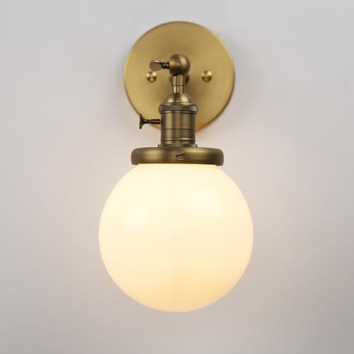 Hardwired Wall Sconce with White Globe, Brass Bathroom Vanity Light with On Off Switch, Vintage Wall Light Fixtures for Living Room Loft Hallway