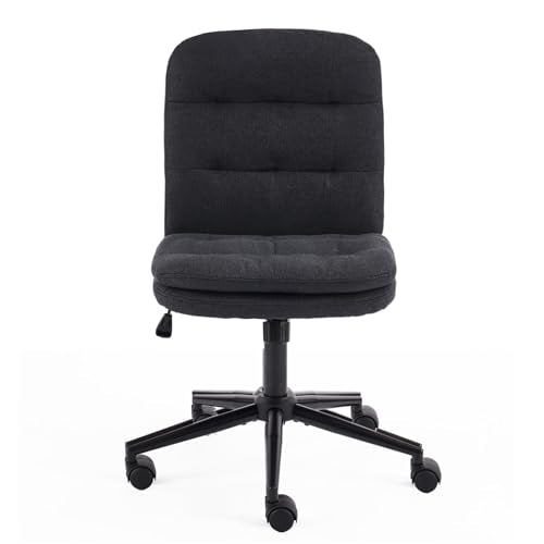 VINGLI Mid Back Armless Office Desk Chair with Wheels/no Wheels,360°Rocking Swivel Vanity Chair with Thickened Cushion,Adjustable Height Rolling for Reading Room, Make up, Linen Black - color: Black