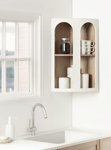 Kate and Laurel Elloree Modern Corner Shelf Cabinet for Storage and Display; 16 x 11 x 24; White and Natural; Transitional Corner Storage for Use as Living Room Shelving or Bedroom Storage Design - color: White/Natural