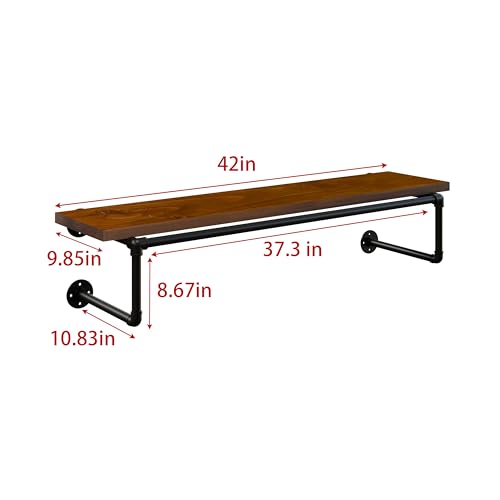 Clothes Rack 42in, Wall Mounted Garment Racks with Real Walnut Wood Shelf, Heavy Duty Hanging Clothes Rack, Multi-Purpose Hanging Rod, Space-Saving Closet Storage - color: Walnut, size: 1T42IN
