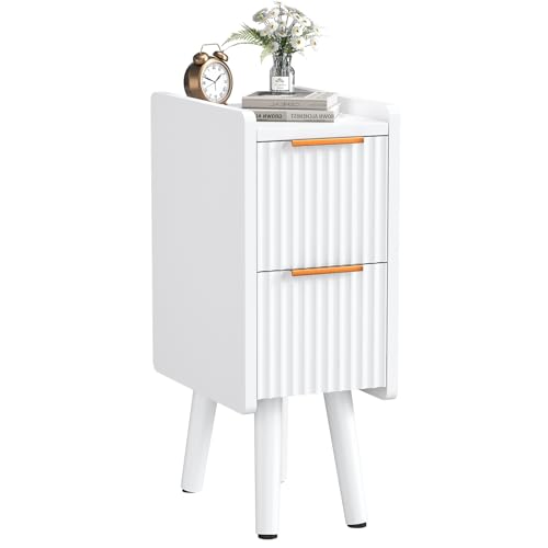 ELYKEN 7.9" Fluted Narrow Nightstand, 20.6" H Skinny Side Table, White | Compact Design for Small Spaces, 2 Drawers, Modern White Finish, Perfect as Bedside Table, End Table or Sofa Side Table - color: White-1 Pcs