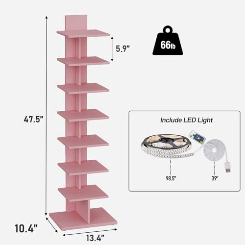 TUTOTAK Book Shelf, Narrow Spine Bookshelf, 8-Tier Bookcase with LED Lights | 10.4 x 13.4 x 47.5 Inches Vertical Freestanding Corner Shelf for Living Room, Office, Small Space, Pink BS06BP008L - color: Pink(led Ligths)