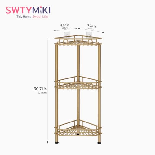SWTYMIKI Standing Shower Caddy Corner - 3‑Tier Stainless Steel Shower Organizer Shelf with 12 Hooks and Adhesive Pads, Rustproof Corner Shelves Stand Rack for Bathroom Shower Room, Gold - color: Gold