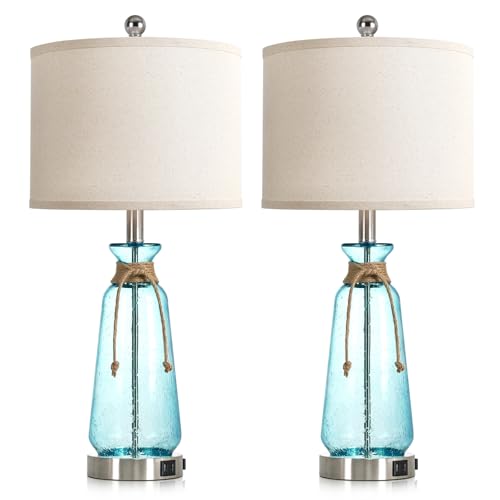 Rinweey 26" Coastal Lamps for Living Room Set of 2,3-Way Dimmable Bedside Lamps with USB Ports and AC Outlet, Nautical Lamps for Nightstand Bedroom Living Room,Teal - color: Coastal