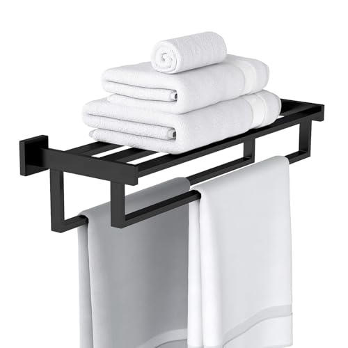 STWWO Towel Racks for Bathroom Wall Mounted, 24 Inch Black Double Towel Bar | Dual Towel Rack with Shelf, Double Towel Bar with Shelf, Stainless Steel Hand Towel Hanger, Bath Towel Holder for Wall - color: Black