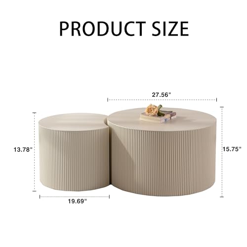 Nesting Coffee Table Set of 2, Round & Crescent Moon Wood Coffee Table and End Table Sets, Modern Luxury Accent Center Tea Table for Living Room Bedroom, (Beige + Cream, 27.56" & 19.69" - color: 27.56" & 19.69"-beige