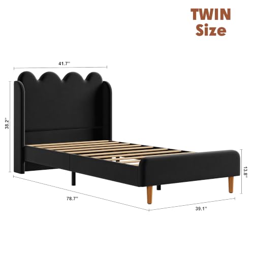 Garvee Twin Bed Frame for Kids, Upholstered Scalloped Wave Tall Headboard, Chenille Wingback Design, Wood Slat Support, No Box Spring Needed, Easy Assembly, Black | Upholstered Scalloped Wave Tall Headboard, Wood Slat Support, No Box Spring Needed, Easy A