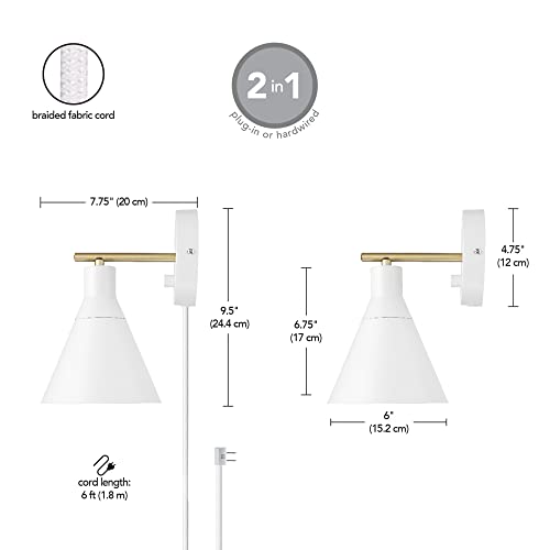 Globe Electric 65542 1-Light Plug-in or Hardwire Wall Sconce, Matte White, Brass Accent, Stepless Dimming Rotary Switch, Fabric Cord, Modern Lighting for Apartment or Renters, Home Decor